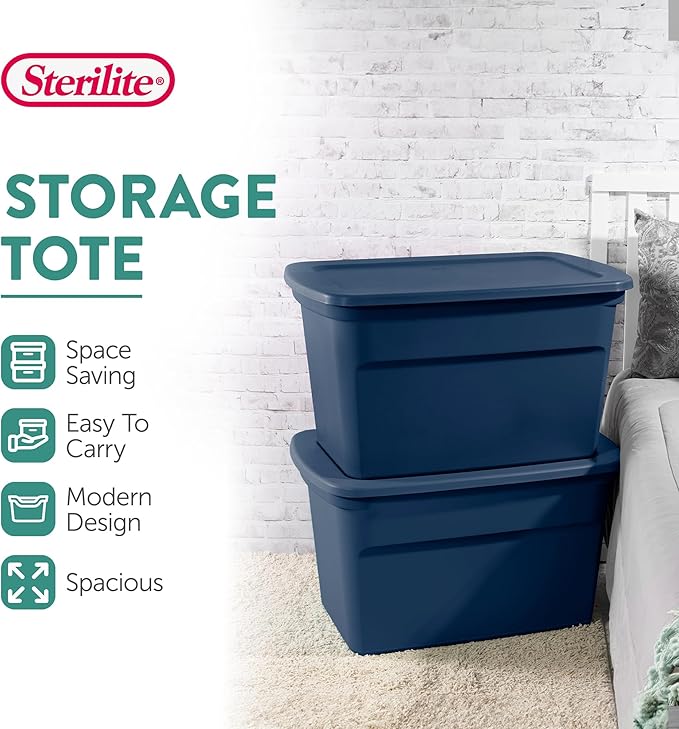 Sterilite 24-Pack Tote, Plastic Storage Bins with Snap Lids, 30 Gallon, Marine Blue - Stackable Home Organizers with In-Molded Handles for Bedroom, Garage, Basement and Attic