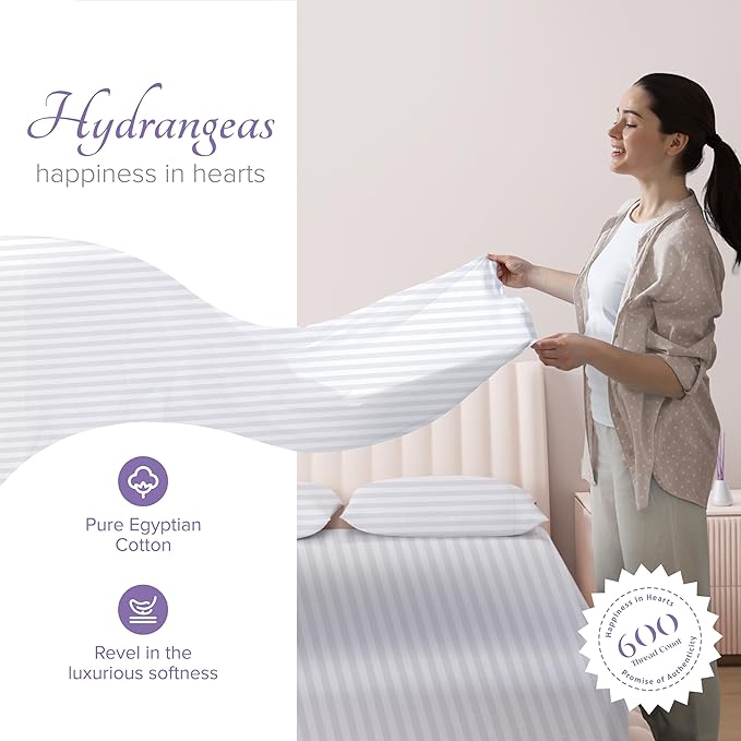 Carressa Linen Striped Split King Sheets Sets for Adjustable Bed - 100% Egyptian Cotton 600 Thread Count 5 PC Top Split King Sheet (White), 16" Deep Pocket Soft Cooling Luxury Hotel Damask Sheets