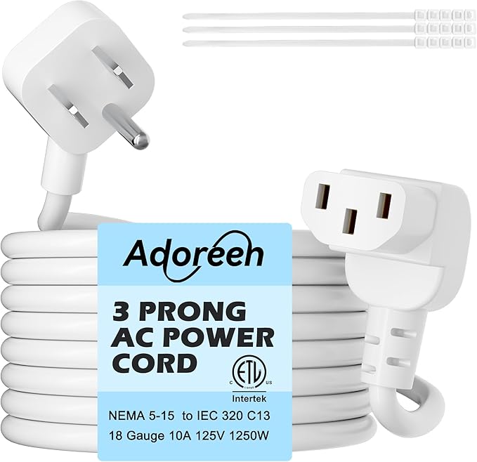 Adoreen 6 Ft Computer TV Replacement Power Cord White, Low Profile Flat Plug to 90 Degree Angled L-Shaped 18AWG 3-Prong AC Universal Power Supply Cable for Printer, PC, Monitor TV LCD, ETL+Ties