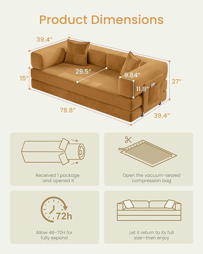 78.8" Convertible Futon Sofa Bed,Corduroy Futon Couch with Storage Pocket,Folding Pull Out Sofa,No Assembly Boneless Couch for Living Room,Yellow