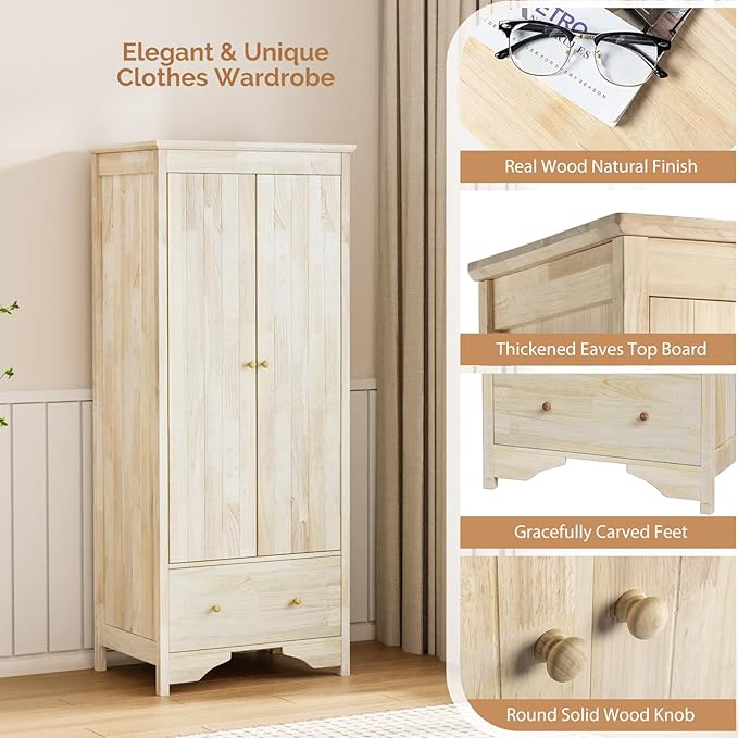 VINGLI Solid Wood Wardrobe Closet, Unfinished Natural Rubber Wood Armoire Color DIY, Wooden Wardrobe Closet with Doors and Drawers, Real Wooden Armoire for Hanging Clothes