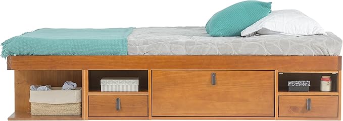 memomad Bali Slim Set: Storage Platform Bed with Drawers + Flat Panel Headboard (King Size, Oak Brown Wood)