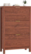 Shoe Cabinet Storage for Entryway, Fluted Shoe Cabinet with 3 Flip Drawers, Hidden Shoe Rack Tall Freestanding Shoe Organizer with Legs for Hallway, Walnut