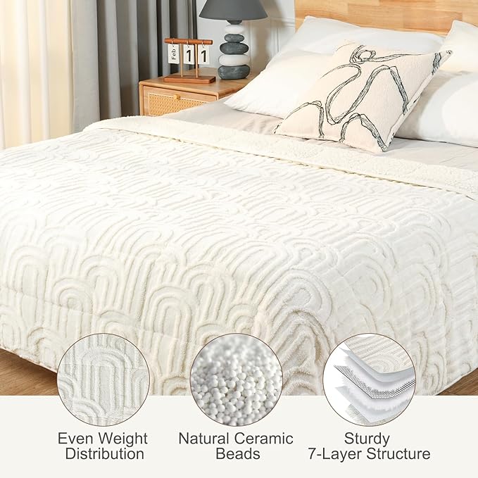 Sherpa Fleece Adult Weighted Blanket Great for Sleep, 15 lbs Dual Sided Soft Fuzzy Heavy Blankets for Couch Bed Sofa, Cozy Warm Arched Jacquard Throw for Winter (Cream White, 48" x 72", 15 Pounds)