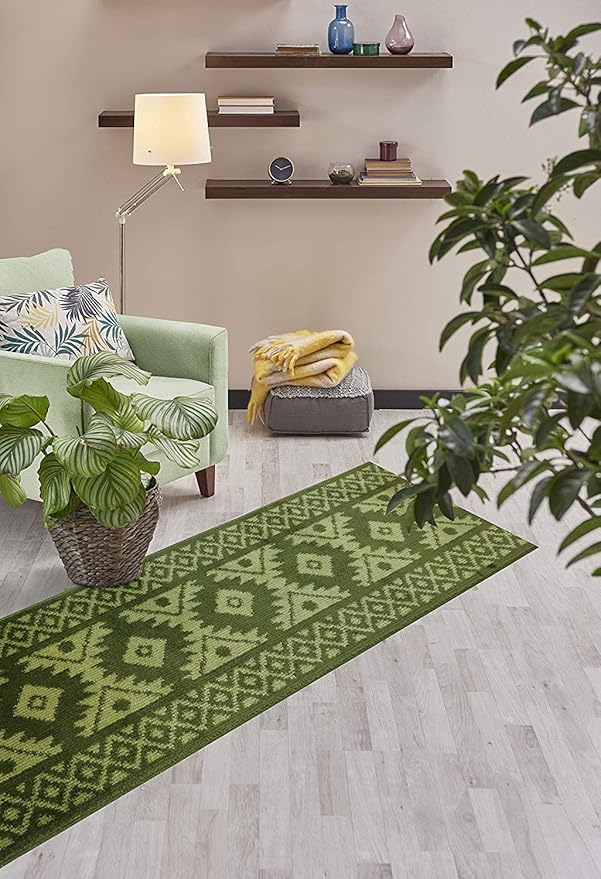 Custom Length Hallway Runner Rug,Slip Resistant,Southwestern Green, 26 Inch X 4 feet, Doormat, Sold and Priced Per Foot