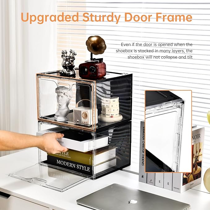 New 8 Pack Shoe Boxes Stackable, Large Shoe Storage Organizer with Lids,Drop Side Shoe Containers for Entryway,Sneaker Storage Fit up to US Size 13 for Men/Women(13’’x 10.6”x 8.3”)