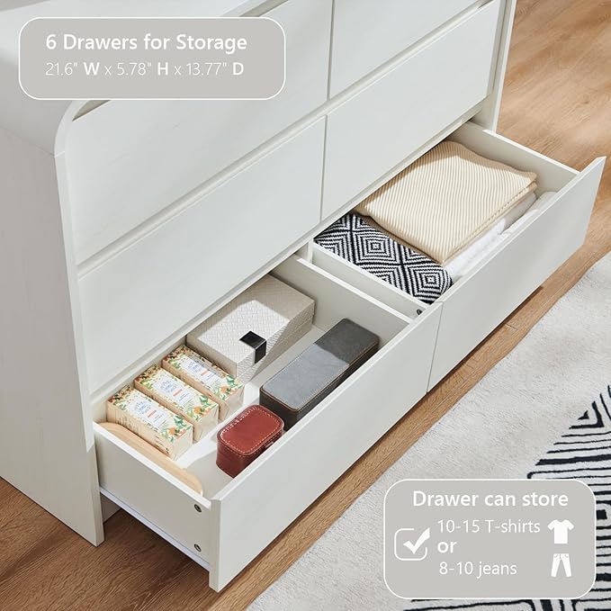 Modern 6 Drawers Dresser for Bedroom, 47" Wide Wood Dressers & Chests of Drawers with Curved Profile Design, Mid Century Modern Dresser for Closet for Bedroom, Living Room, Antique White