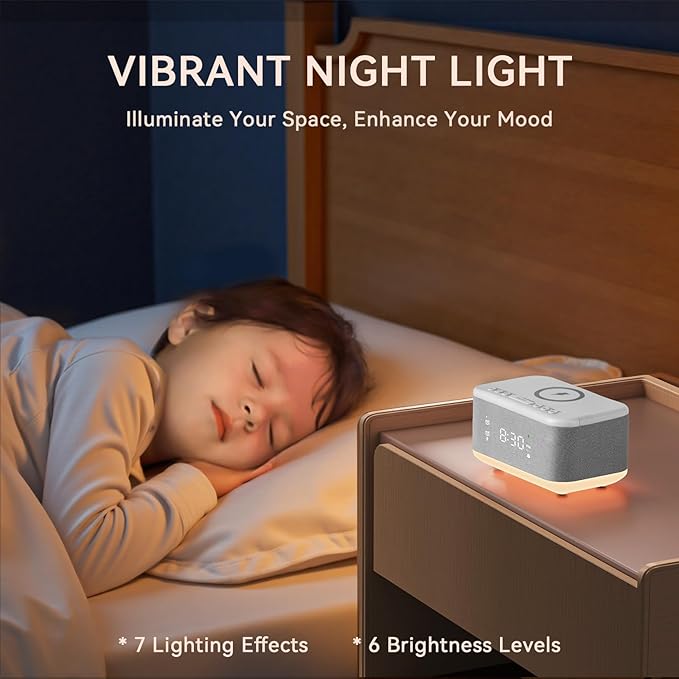 Wireless Charging Alarm Clock Bedroom, Loud Digital Alarm Clocks Bedrooms, Alarm Clock Night Light Speaker 8W Snooze Dual Alarm 12/24H Adjustable Brightness Dimmer Bluetooth, Grey