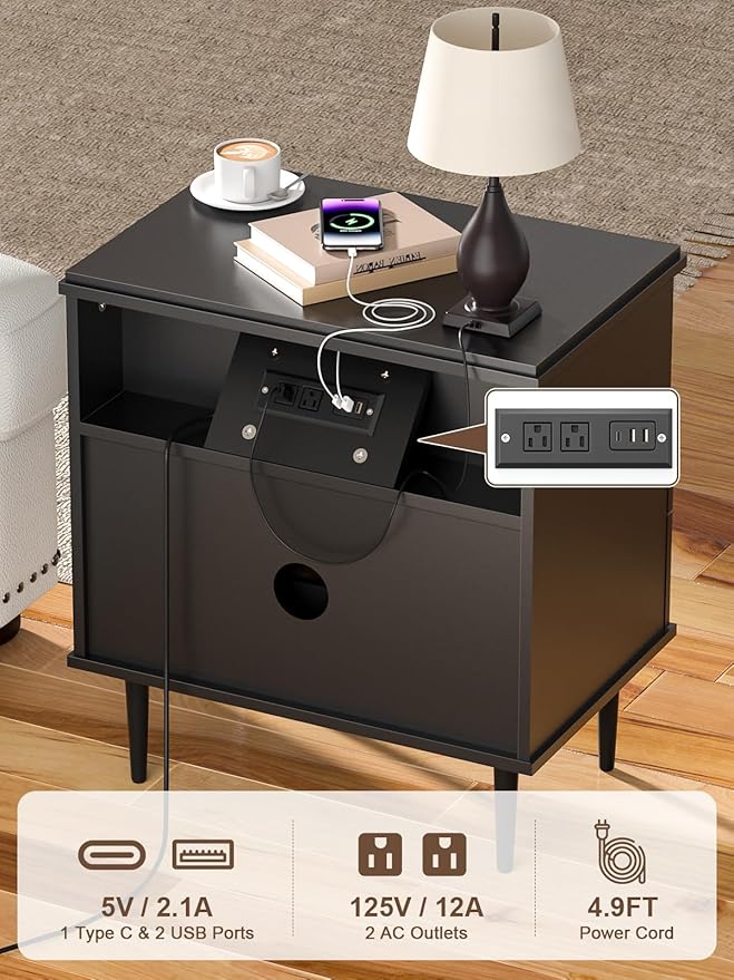 Nightstand with Charging Station, Wide Fluted Nightstand, Wood for Bedroom, Black Dresser with Storage Drawers, Bedside Table with Metal Handle & Leg (Black Set of 2, 23.3)