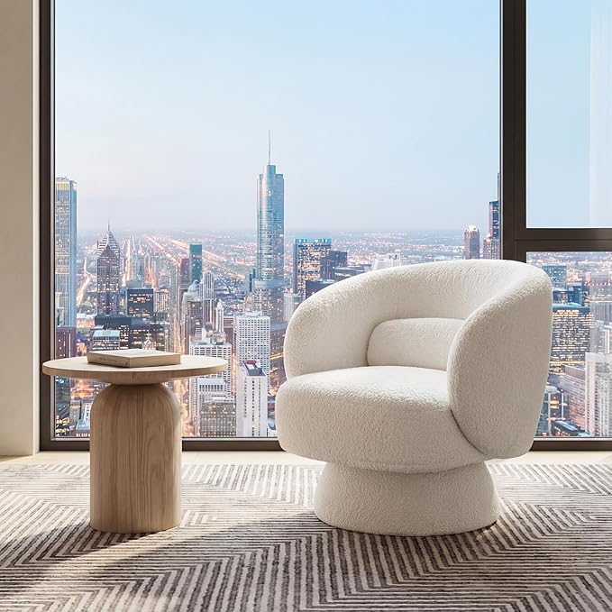 Swivel Accent Chair, Modern 360 Degree Swivel Barrel Chair with Arms & Curved Back and Lumbar Support Cushion, Comfy Round Single Boucle Sofa for Small Space, Living Room, Bedroom, White