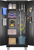 Garage Storage Cabinet with Wheels, Broom Closet Storage Cabinet with Pegboards and Adjustable Shelves, Metal Tool Cabinet with Lockable Door for Garage Home, Black