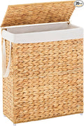 Handwoven Slim Laundry Hamper with Lid, 75L Natural Water Hyacinth Basket and Handles, Narrow Wicker Laundry Basket with Removable Liner Bag & 2 Mesh Bags