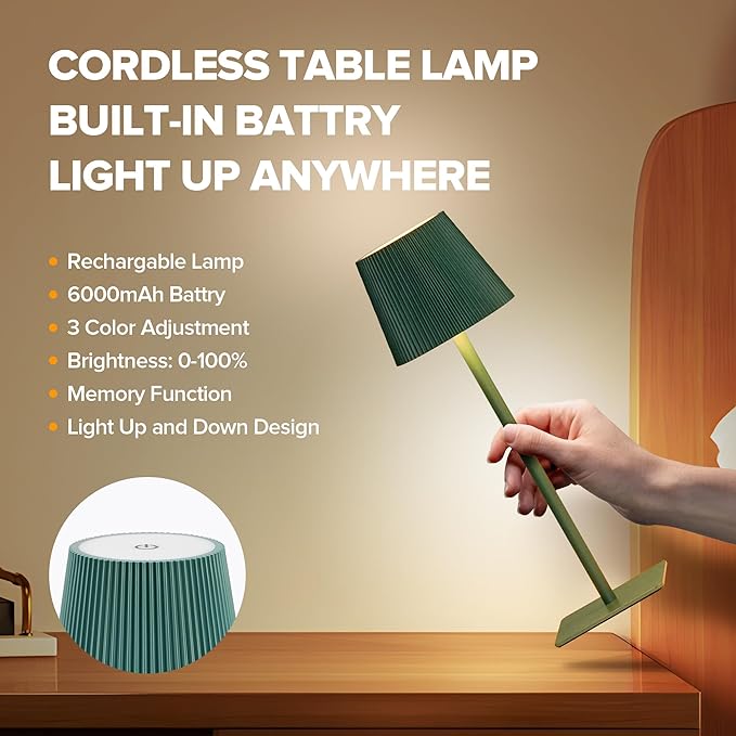 LUTEC 4 Pack Cordless Table Lamp,6000mAh Rechargeable Battery Operated Desk Lamp,Two Adjustable Heights,Waterproof, Touch Control & 3 Color Stepless Dimming for Restaurant/Bedroom/Bars/Outdoor (Green)
