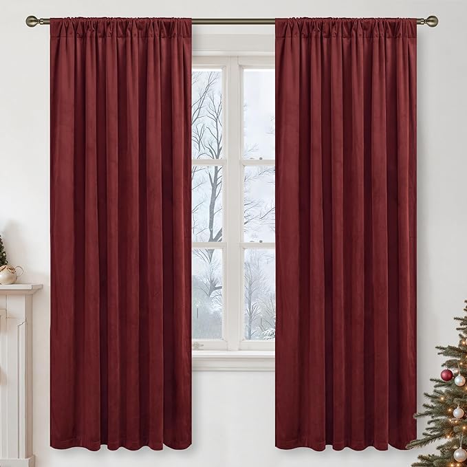 LAMIT Burgundy Red Velvet Curtains 72 Inch for Living Room, Vintage Thermal Insulated Panels Christmas Decor Room Darkening Back Tab and Rod Pocket Drapes for Bedroom/Theater, 2 Panels, 52 x 72 Inch