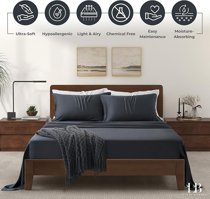 Luxury Bamboo Market | King Size Bed Sheet Set | 100% Viscose Made from Bamboo | Organically Grown | Ultra Soft | Cooling Sheets for Hot Sleepers | 17" Deep Pocket [Charcoal Grey]