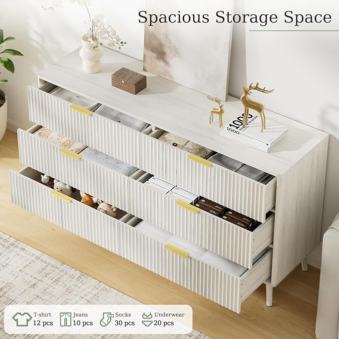 LYNSOM Fluted Dresser and Nightstand Sets 3 Piece, 6-Drawers Dresser and 1-Drawer Nightstands Set of 2, Wood Bedroom Furniture Set for Home, Bedroom, Hallway, White