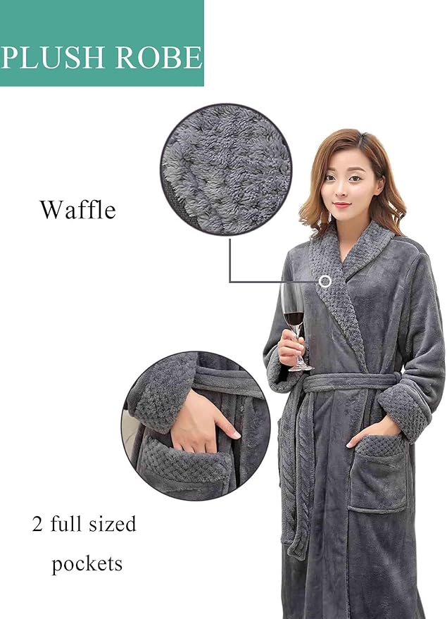 Artfasion Womens Long Fleece Robe - Warm Soft Floor Length Flannel Bathrobes for Winter Thicker Long House Coat with Pockets
