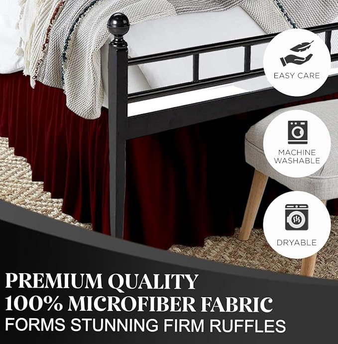 Ruffled Bed Skirt with Split Corners, Burgundy, King 12 Inch Drop Bedskirt, Hotel Quality Brushed Microfiber Wrinkle Free Dust Ruffle Bed Skirt King Size