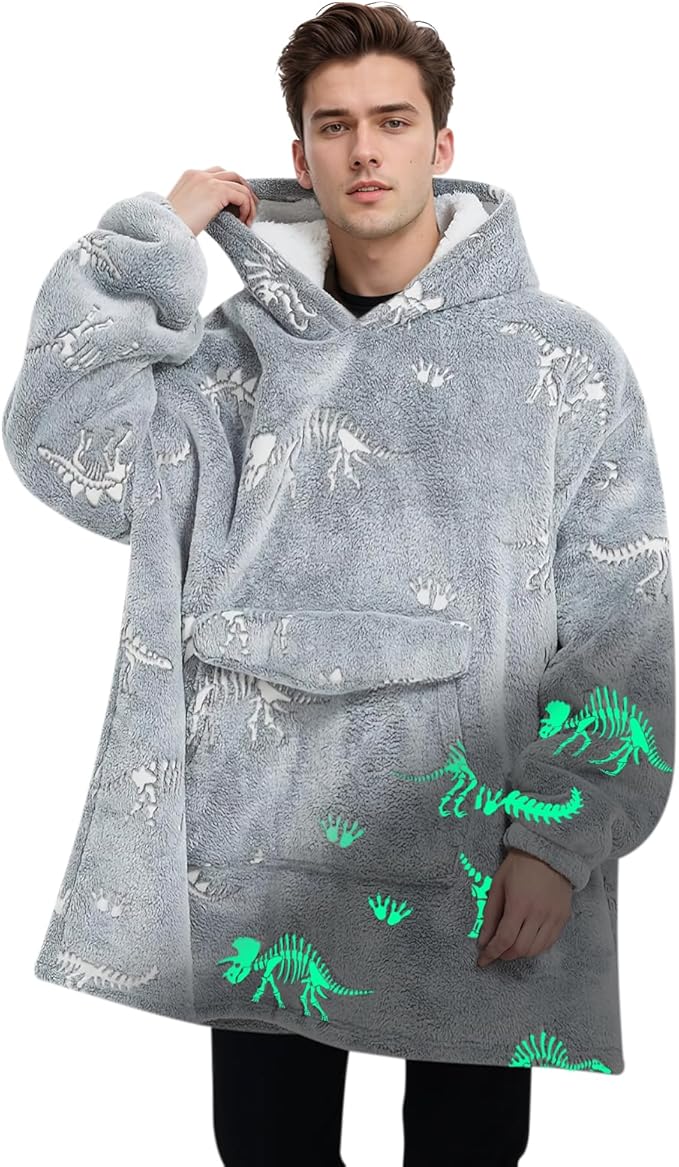 Wearable Blanket Hoodie for Adult,Oversized Sherpa Fleece Blanket Hoodie for Women Men,Glow in The Dark Dinosaur Fossil