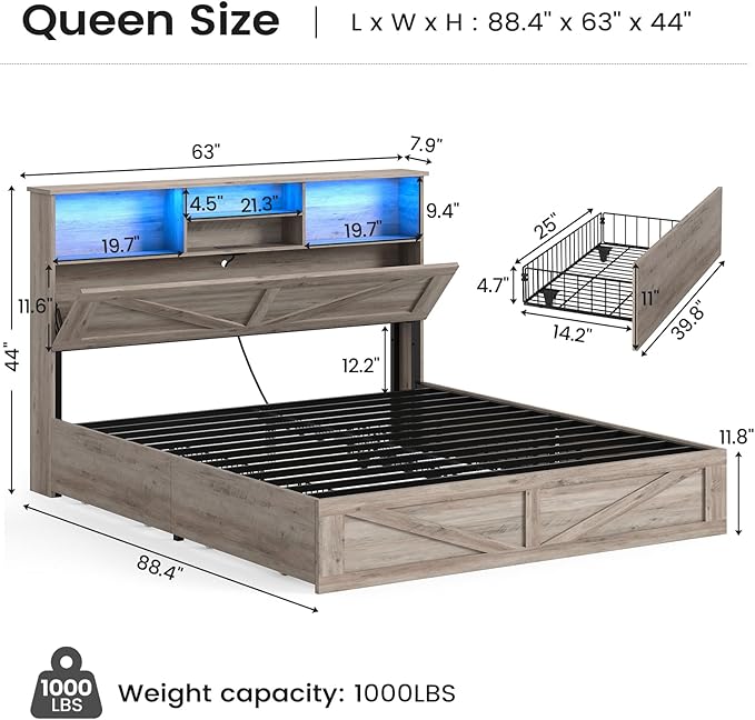 AOGLLATI Farmhouse Queen Bed Frame with 4 Storage Drawers and Led Lights, Wooden Bed Frame Queen Size with Hidden Space Bookcase Headboard and Led Lights & Metal Slats, Grey