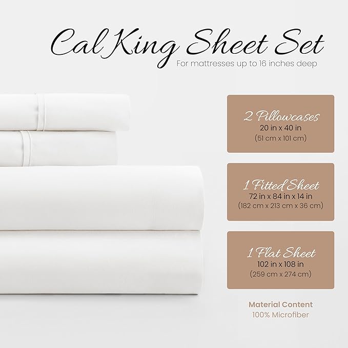 Linen Market Bed Sheets for California King Size Bed (White) - Sleep Better Than Ever with These Soft and Cooling California King Sheets - Deep Pocket Fits 16" Thick Beds - 4 Piece Cal King Sheet Set