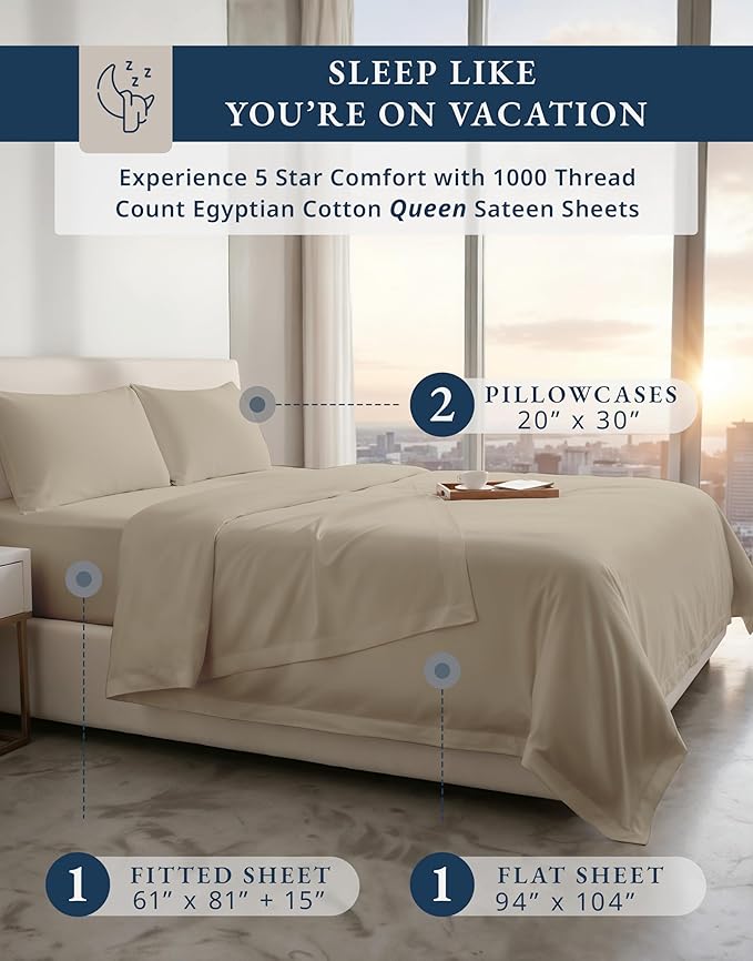 100% Egyptian Cotton Sheet Set Queen Size – 1000 Thread Count Silky Sateen Weave Queen Sheet Set for Good Sleep Comfort, 15" Snug Fit Deep Pocket, Breathable, Hotel-Quality Luxury You Can Feel - Taupe