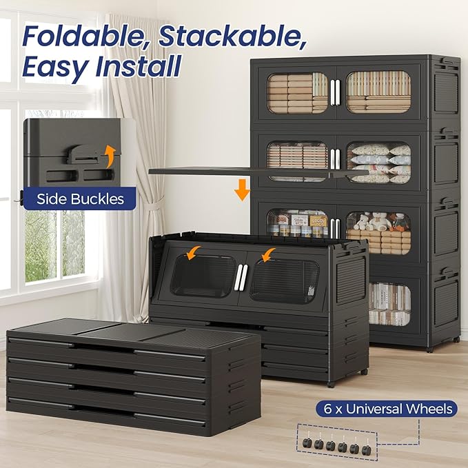 200 Gallon Extra Large Storage Bin with Lid and Wheels, Stackable Collapsible Plastic Storage Box with Door, Foldable Organizer for Closet, Kitchen, Office, Living Room, 4 Pack Black