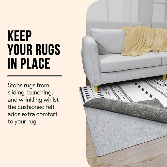 Non Slip Rug Pad 2x4 Feet, 4/25" Thick Felt Cushioned Rubber Rug Gripper Pad for Hardwood, Laminate, Stone, Tile, Wood, Vinyl Floors & Carpet, Anti Skid Under Area Rug Pads