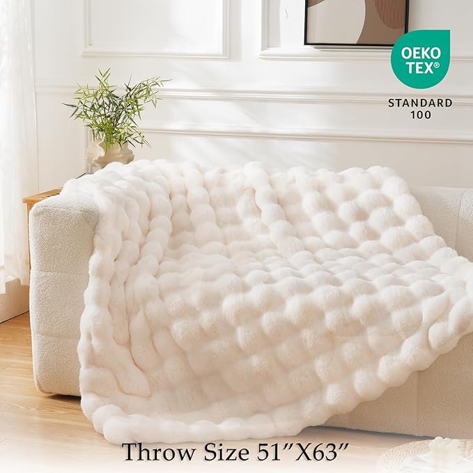BENVWE Faux Fur Throw Blanket for Couch - Cozy Plush Fluffy Soft Thick Bubble Blanket for Living Room Home Decor - Mothers Day Birthday Gifts for Women, Cream White, 51" x 63"