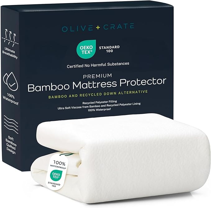 Olive + Crate 100% Viscose Bamboo Mattress Protector - Eco-Concious Cooling Bamboo Mattress Cover - Waterproof Hypoallergenic Protection - Breathable King Size Shield Against Dust & Spills