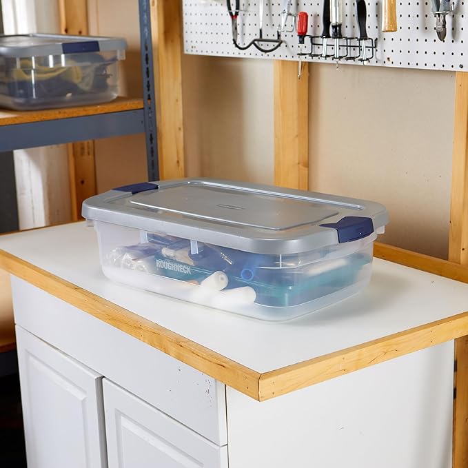 Rubbermaid Roughneck Clear 31 Qt/ 7.75 Gal Storage Containers, Pack of 6 with Snap-Fit Grey Lids, Visible Base, Sturdy and Stackable, Great for Storage and Organization