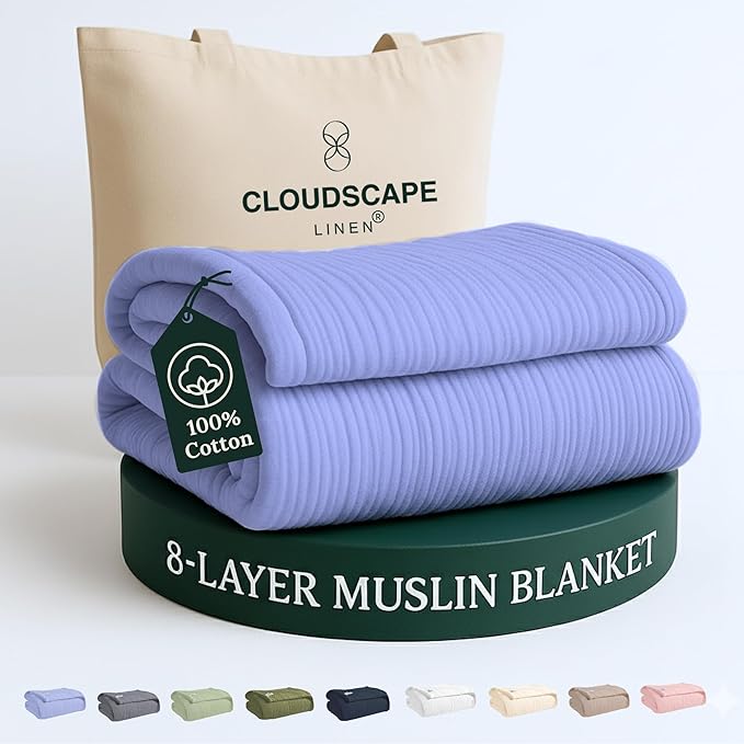Cloud Scape Linen 100% Cotton 8 Layer Twin Size Muslin Blanket - Breatheable and Soft Winter Blanket for Bed, Couch and Sofa, Oversized Fits up to Twin XL, Best Gift Idea, 68x92, Lavender Blue