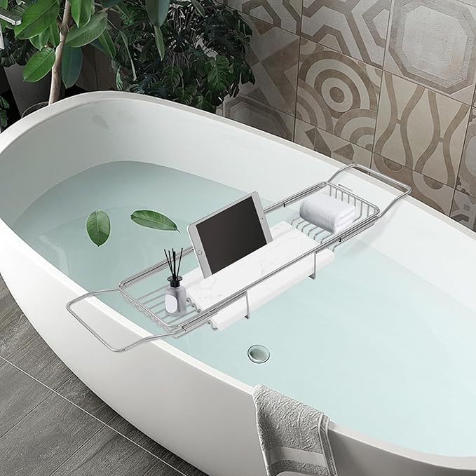 Bathtub Tray & Bathtub Caddy, Expandable Stainless Steel Bath Tub Table with Reading Holder, Adjustable Over The Tub Tray for Bathroom Accessories and Organization