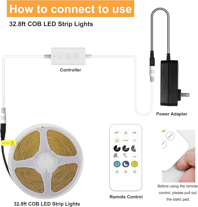 COB LED Strip Lights with RF Remote, 24V 32.8ft Warm White Dimmable LED Light Strips, High Bright 2700K LED Lights with Power Supply for Room, Kitchen, DIY Home Decoration