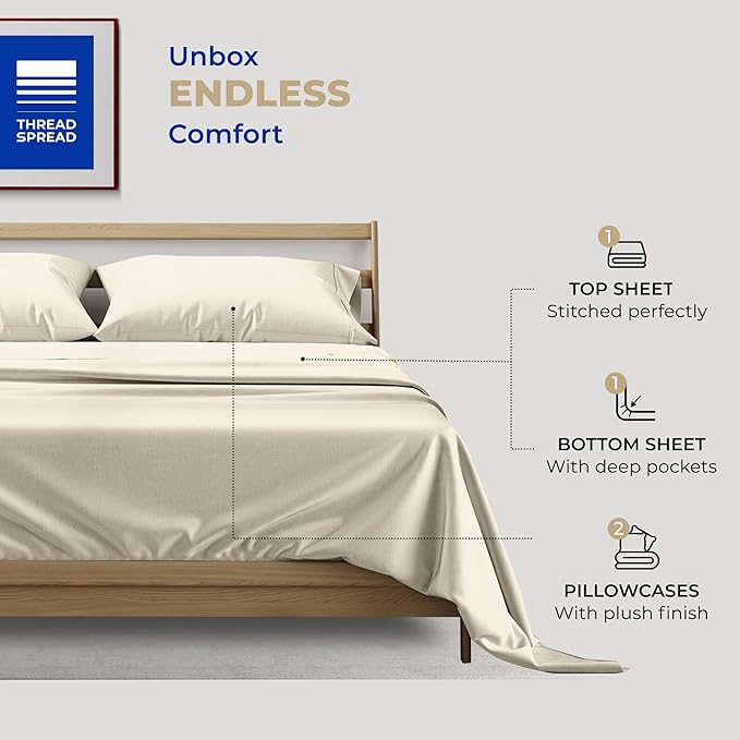 THREAD SPREAD King Size Sheets Set Cotton - 400 Thread Count Cotton King Sheets 4 PC Set (Ivory), Ultra Soft, Cooling, Hotel-Quality 16" Deep Pocket Sateen Weave Bedsheet for Hot Sleepers