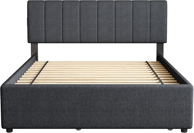 Full Size Upholstered Platform Bed with Trundle & 2 Drawers and 1 Sets of USB, Linen Fabric Full and Twin Double Bed w/LED Lights with APP for Bedroom,Dark Gray