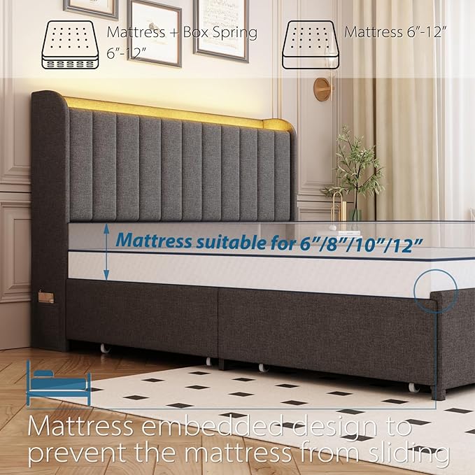 Queen Bed Frame with 4 Drawers and Storage Headboard, Upholstered Platform Bed Frame Queen Size with Led Lights and Handy Charging Station, No Box Spring Needed, Easy Assembly, Noise Free, Gray