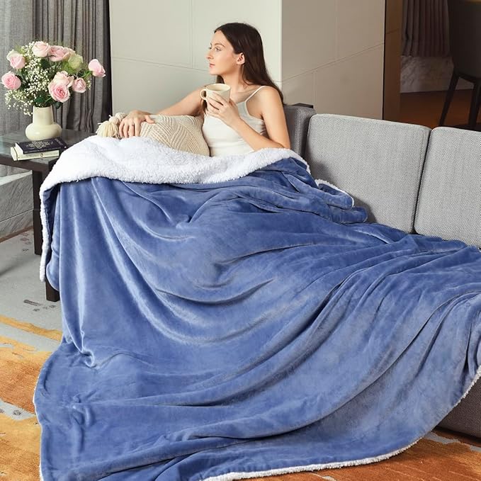 KAWAHOME Sherpa Fleece Twin Size Blanket for Bed - Extra Warm and Heavy Thick Blankets for Winter, Super Soft 500GSM Plush Blanket, 66"X 90" Washed Blue