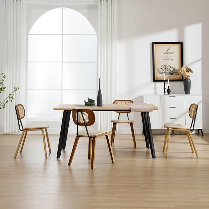 HEAH-YO Modern Dining Chairs Set of 6, Upholstered Faux Leather Dining Room Chairs with Rattan Backrest and Wood Legs, Armless Kitchen Chairs for Dining Room, Beige