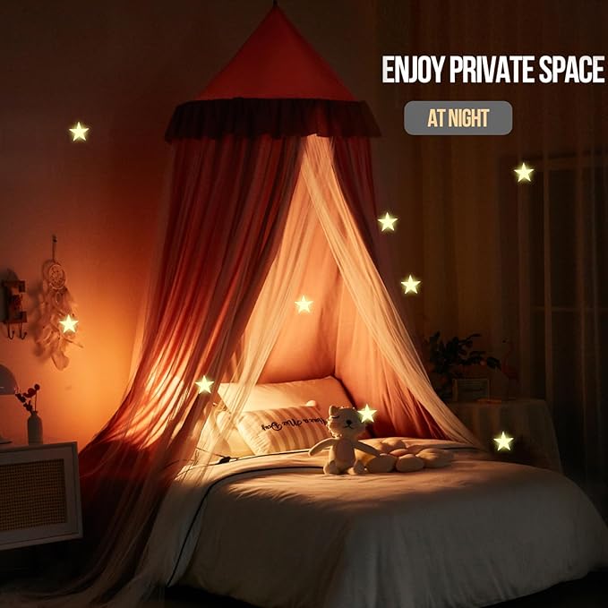 Kertnic 31.5inch Large Dome Bed Canopy for Girls, Double Layer Dreamy Ruffle Princess Canopy, Bedroom Hanging Tent Kids Reading Nook Canopies,Full Queen Bed Canopy Curtain (Dark Rusty-Pink)