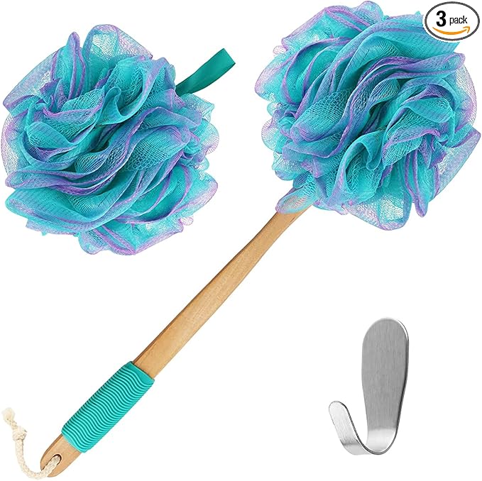 Yoove Bath Pouf with Handle - Body Scrubber Green Loofah for Women - Charcoal Infused Shower Loofah Sponge with Handle - Back Scrubber - Back Shower Sponge