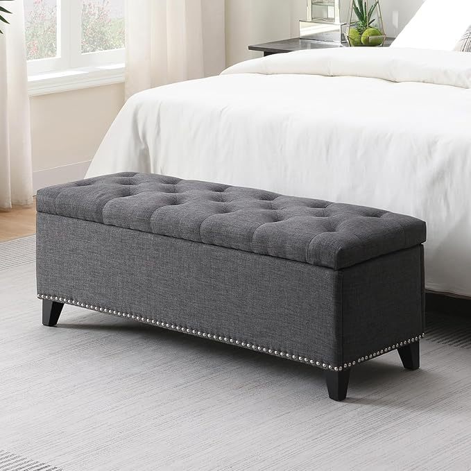 47.5” Storage Ottoman Bench, Upholstered Button-Tufted End of Bed Bench with Soft-Close Hinge & Solid Wood Legs, Foot Rest for Living Room, Bedroom, Hallway (Linen, Dark Grey)