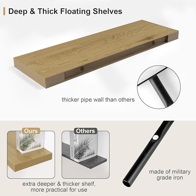 Heimlove Bathroom 12'' Deep Floating Shelves for Wall - Shelf Over Toilet Mounted Farmhouse 24 inches,Rustic Wood Shelves Decor & Storage Set of 1 Oak
