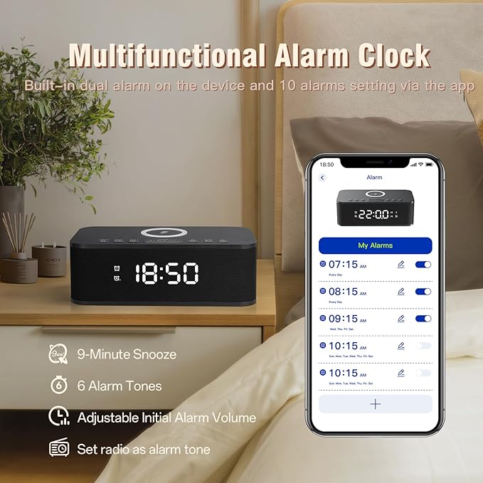 Dual Alarm Clock Radio Bedroom, Digital Alarm Clocks Bedrooms Bluetooth, Up to 10 Bedroom Alarms Clock White Noise 23 Soothing Sounds App/Button Control Snooze 12/24H FM Speaker Charging, Black