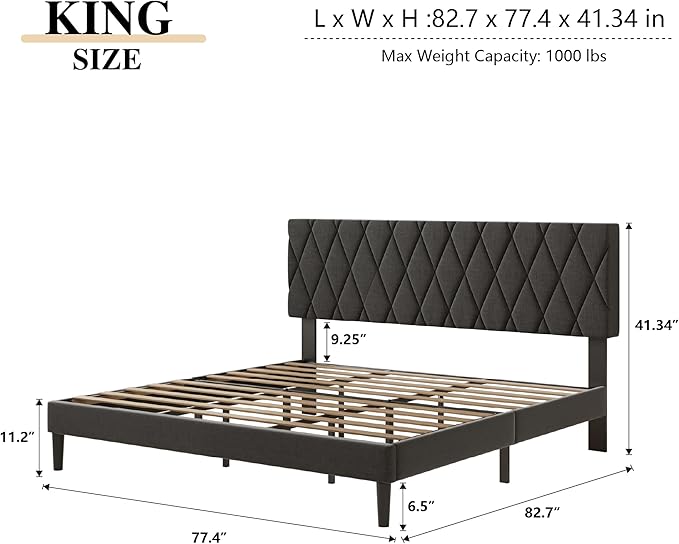 King Size Bed Frame with Diamond Tufted Headboard, Linen Upholstered Platform Bed and Wooden Slat Support, Noise-Free, No Box Spring Needed, Easy Assembly, Dark Grey