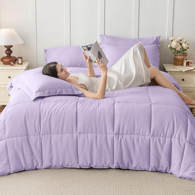 JOLLYVOGUE Queen Comforter Set, Ultra-Soft Bed in a Bag Queen Size 7 Pieces, Oeko-TEX Certified Bedding Set with Down Alternative Comforter, Sheets, Pillowcases & Shams, Lavender