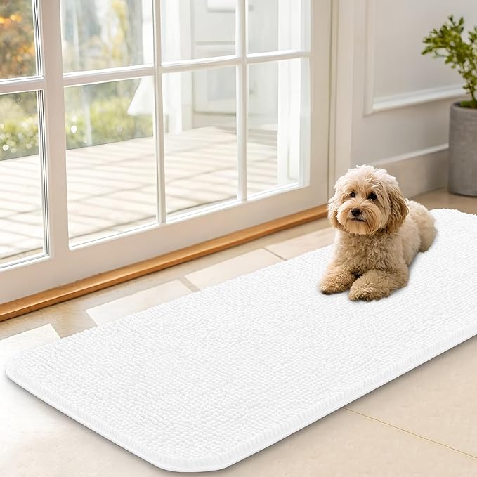 OLANLY Dog Door Mat for Muddy Paws 47x17, Absorbs Moisture and Dirt, Absorbent Non-Slip Washable Doormat, Quick Dry Chenille Mud Mat for Dogs, Entry Indoor Entryway Carpet for Inside Floor, White