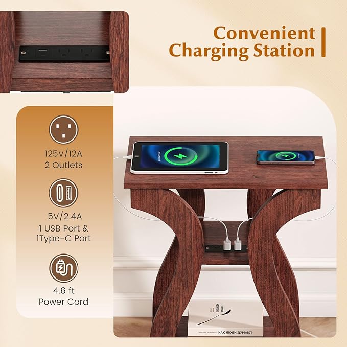 Giantex Narrow End Tables with Charging Station Set of 2, Wood Sofa Side Tables with Open Storage Shelves, Bedside Tables with USB Ports & Outlets, Vintage Nightstands for Living Room, Bedroom, Cherry