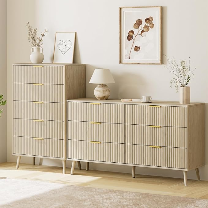 LYNSOM Fluted 5 Drawers Dresser, 45" Tall Modern Chest of Drawers with Curved Profile Design and Metal Handle, Wood Drawer Organizer for Bedroom, Living Room, Hallway, Entryway, Beige