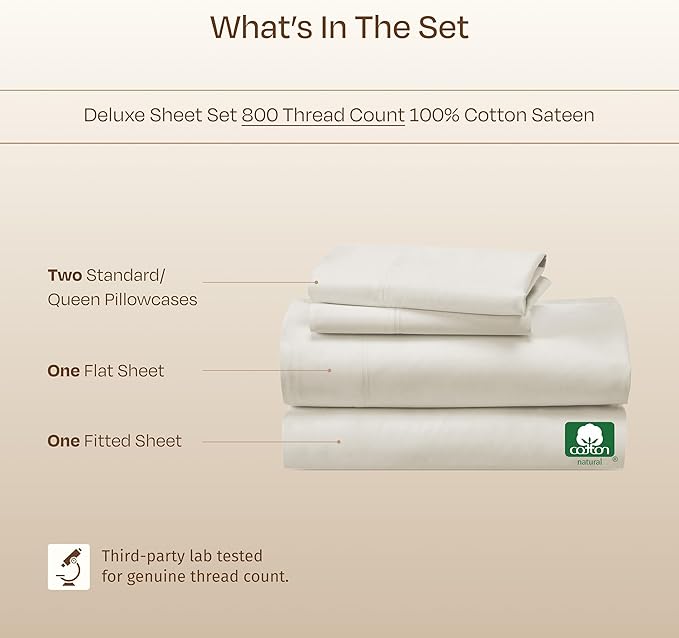 California Design Den Luxury Queen Sheets Set - Buttery Soft 800 Thread Count Sateen, 100% Cotton Bed Sheets Set with Deep Pockets, Durable Bedding - Ivory (Cream Tone)
